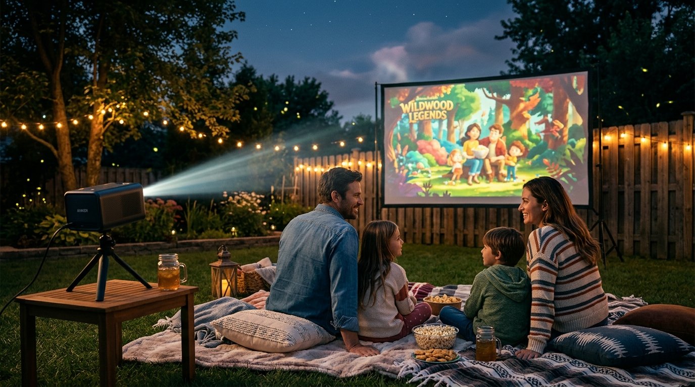 Family watching a movie on a blanket in their backyard with a portable projector and fairy lights on a summer night